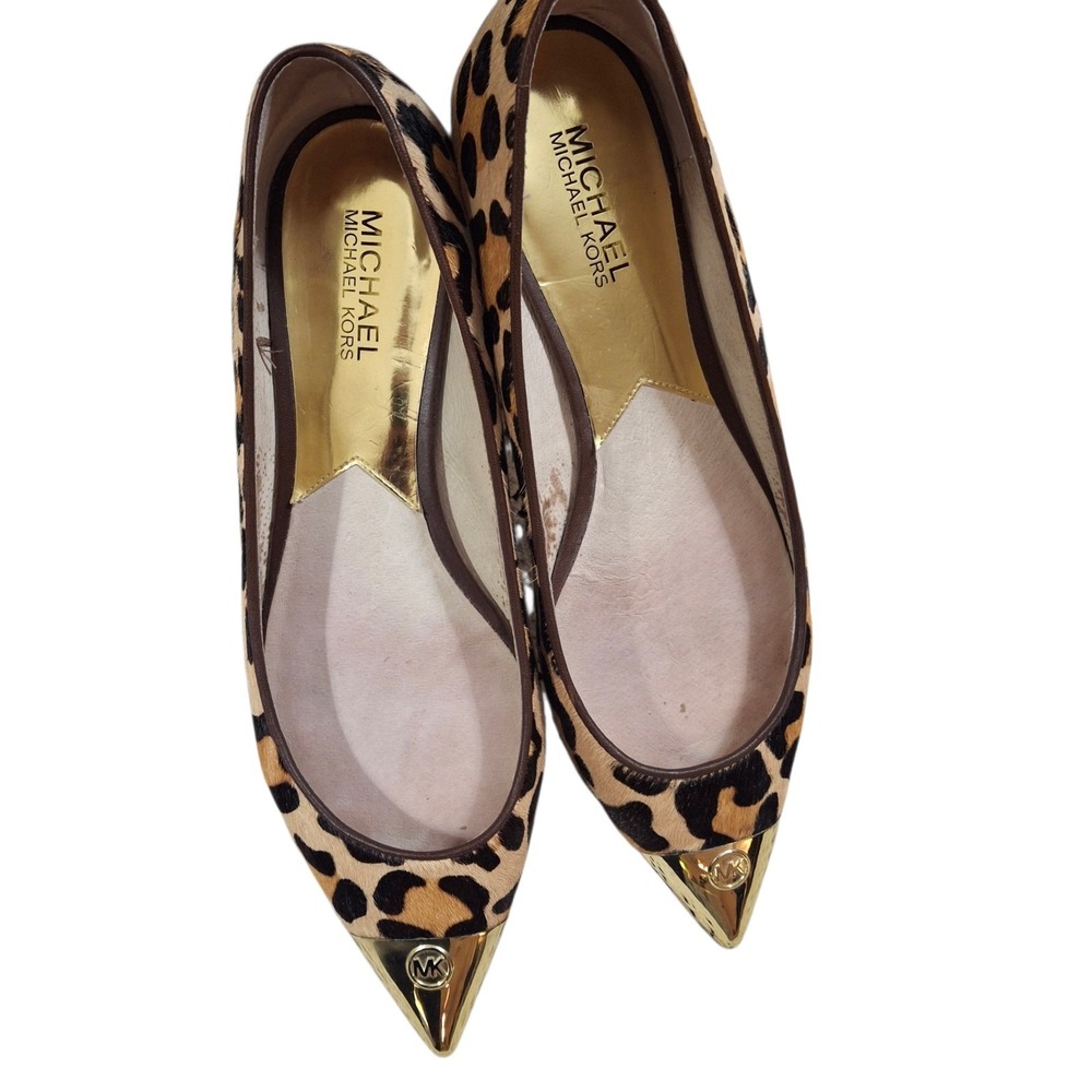 Michael‎ Kors Leopard-Print Pointed-Toe Ballet Flats in Beige Pony Hair Brown 8M